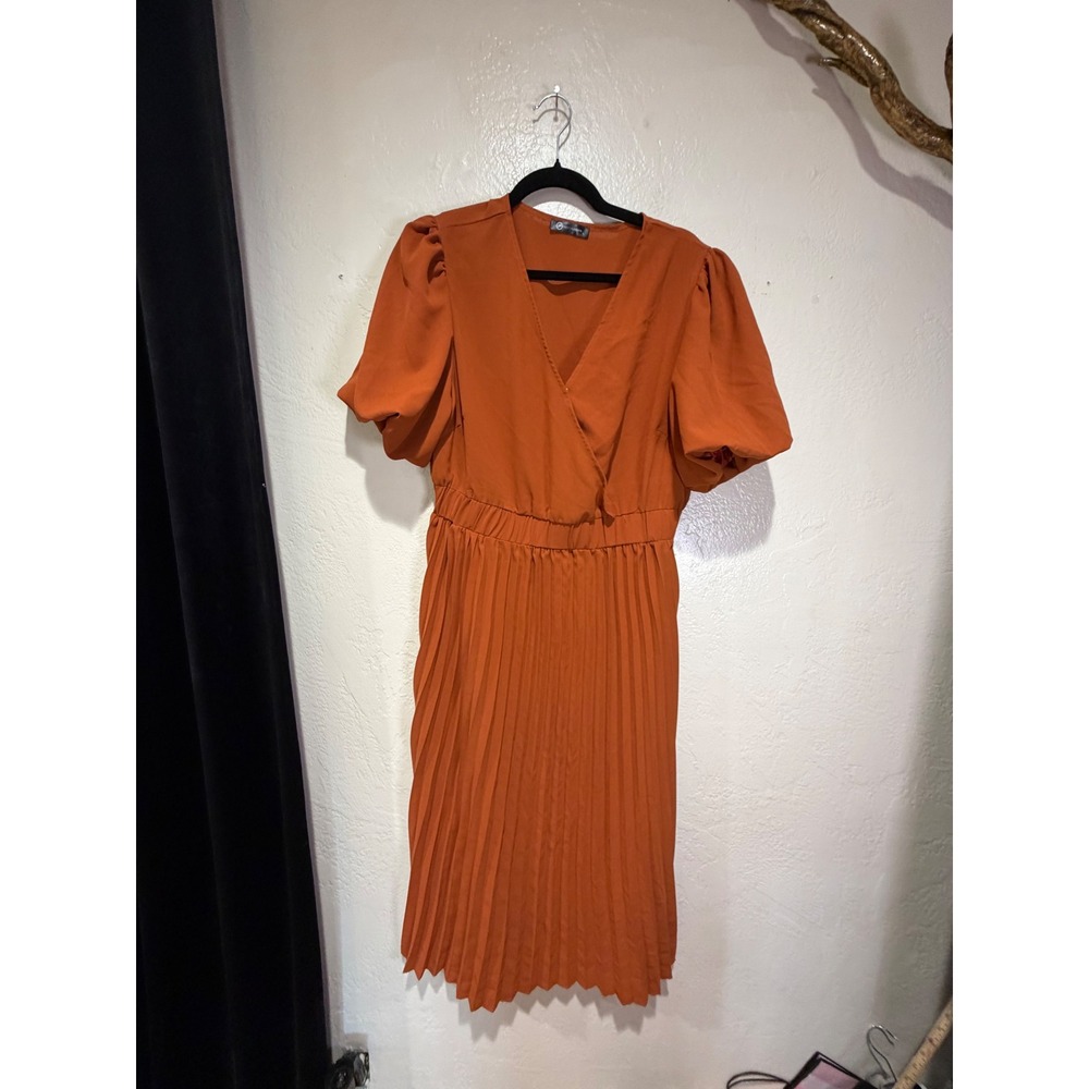 Pretty garden Rust Wrap V-Neck Puff Sleeve Pleated Midi Dress Scalloped Hem